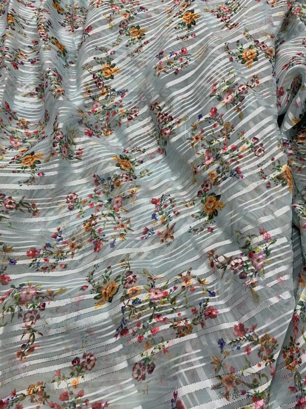 Elegant Georgette Fabric 44" Digital Print + Satin Stripes, lightweight and perfect for chic outfits. ₹120/m.