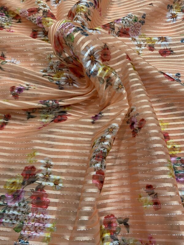 Elegant Georgette Fabric 44" Digital Print + Satin Stripes, lightweight and perfect for chic outfits. ₹120/m.