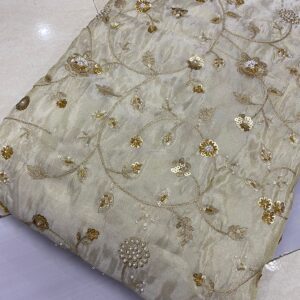 Discover the beauty and luxury of Pure Zari Silk Tissue fabric – ideal for creating high-end bridal wear, including sarees, lehengas, and blouses.