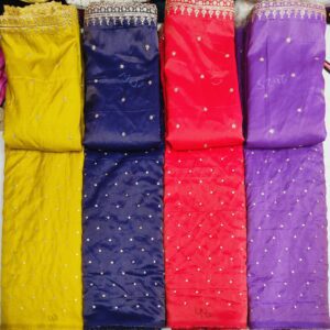 Craft stunning outfits with Shimmer Tissue Silk fabric, featuring heavy buttis and matching dupatta. ₹295/m for fabric, ₹315/m for dupatta.