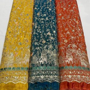 Create stunning festive wear with premium Pure Shimmer Tissue Silk, featuring intricate heavy sequINCE thread work. ₹610 per meter, perfect for designer attire.