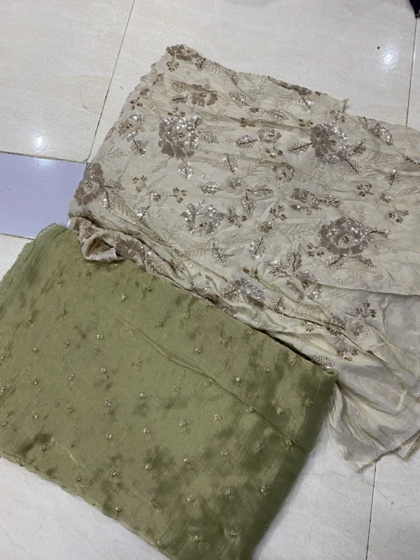 Mehendi green tissue silk saree with golden bead blouse - High-Quality Fabric