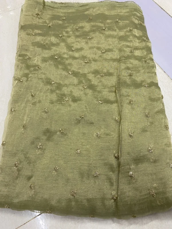 Mehendi green tissue silk saree with golden bead blouse - High-Quality Fabric