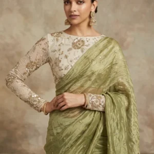 Mehendi green tissue silk saree with golden bead blouse - High-Quality Fabric