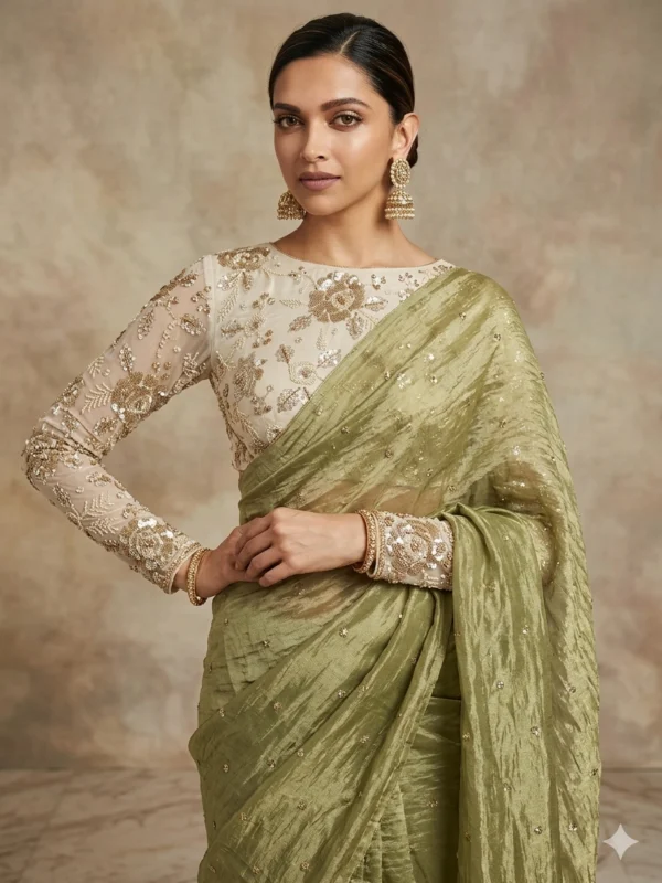 Mehendi green tissue silk saree with golden bead blouse - High-Quality Fabric