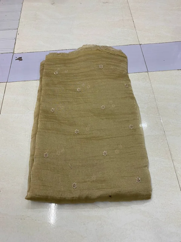 Mehendi green tissue silk saree with golden bead blouse - High-Quality Fabric