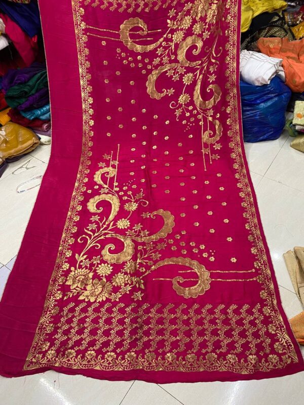 Exquisite Pure Dola Silk Dupatta with Banarasi weaving. Width 44+5 inches, length 2.5 meters. ₹1,250 per piece.