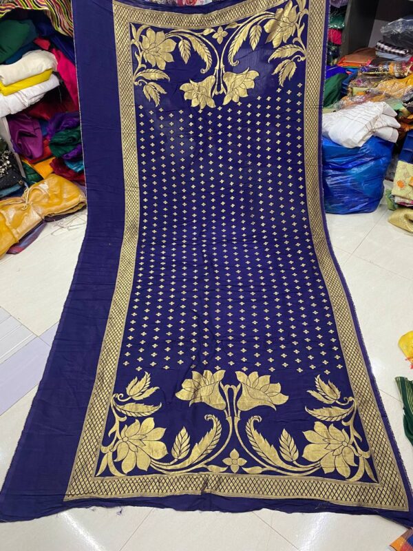 Exquisite Pure Dola Silk Dupatta with Banarasi weaving. Width 44+5 inches, length 2.5 meters. ₹1,250 per piece.