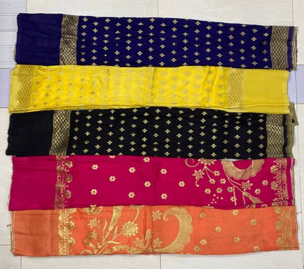 Exquisite Pure Dola Silk Dupatta with Banarasi weaving. Width 44+5 inches, length 2.5 meters. ₹1,250 per piece.