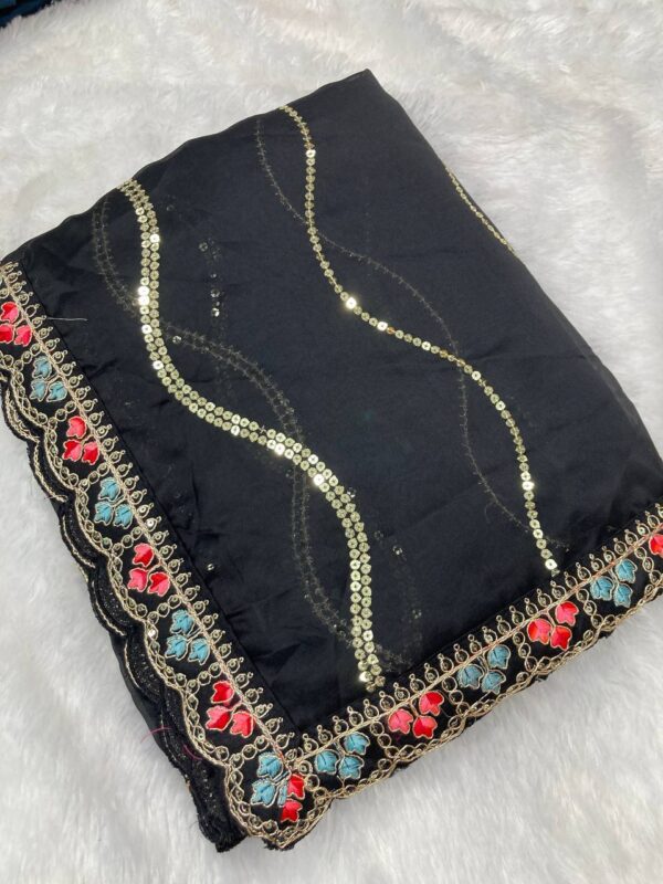 Stunning Party Wear Rangoli Silk Saree with intricate embroidery and sequence work. Comes with an unstitched embroidered blouse. ₹1125/-