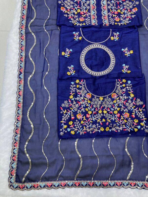 Stunning Party Wear Rangoli Silk Saree with intricate embroidery and sequence work. Comes with an unstitched embroidered blouse. ₹1125/-