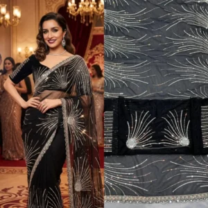 Shradha kapoor twill net saree with c pallu 038 sequins work - High-Quality Fabric