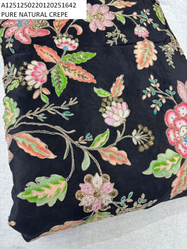 Pure Natural Crepe Fabric with position print embroidery at ₹655/meter. Perfect for elegant sarees, gowns, and kurtas.