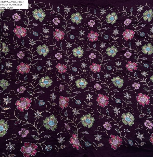 Shimmer Vichitra Silk Fabric with hand-crafted floral embroidery at ₹525/meter. Perfect for designer sarees, lehengas, and gowns.