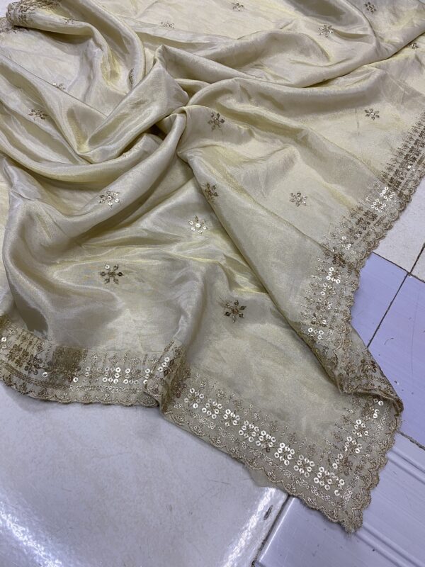 Shop the elegant Pure Dyeable Shimmer Tissue Silk Dupatta with 4-side cutwork border and small buties. Perfect for weddings and parties. Only ₹850!