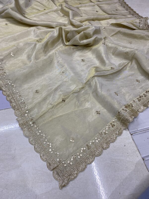 Shop the elegant Pure Dyeable Shimmer Tissue Silk Dupatta with 4-side cutwork border and small buties. Perfect for weddings and parties. Only ₹850!