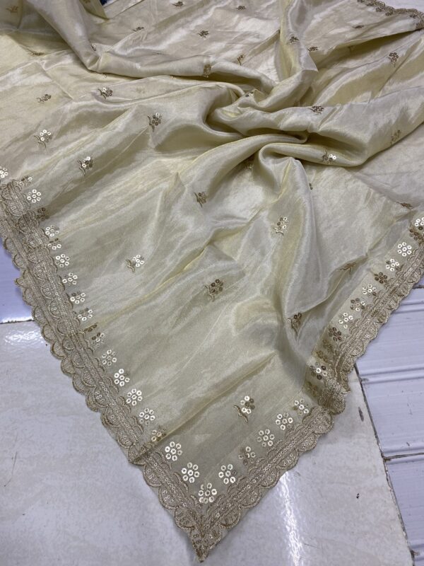 Shop the elegant Pure Dyeable Shimmer Tissue Silk Dupatta with 4-side cutwork border and small buties. Perfect for weddings and parties. Only ₹850!