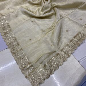 Shop the elegant Pure Dyeable Shimmer Tissue Silk Dupatta with 4-side cutwork border and small buties. Perfect for weddings and parties. Only ₹850!