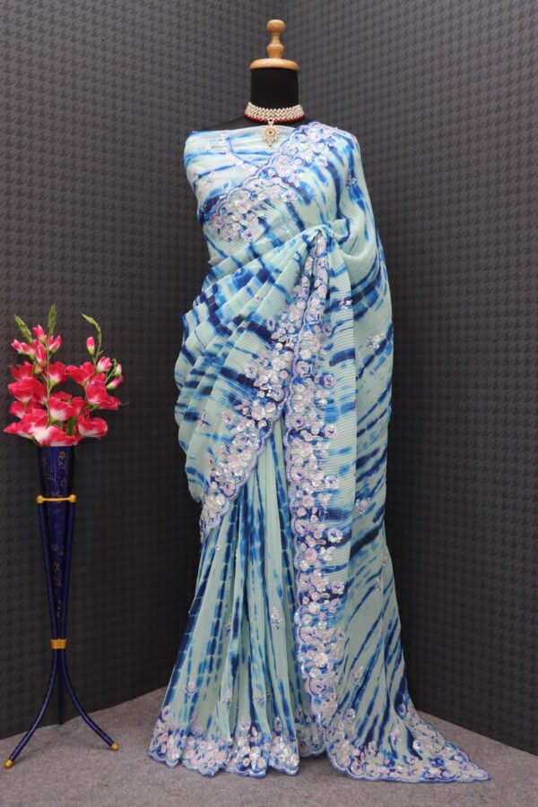 Designer sequence work saree in soft crush georgette with multi-color print.