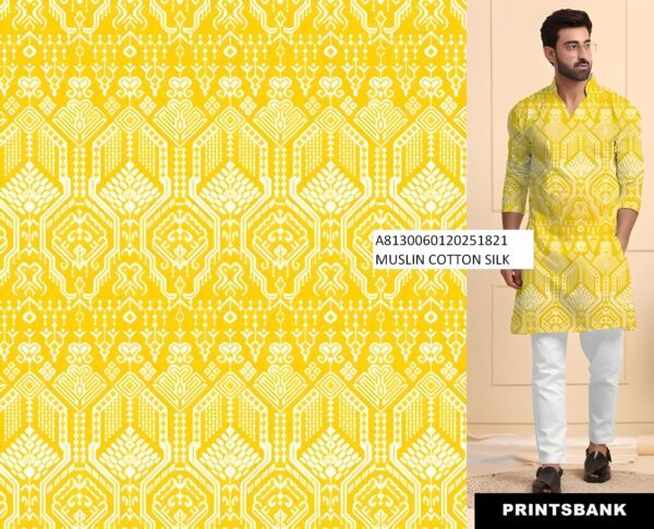 Elevate your Haldi look with our Muslin Cotton Silk Fabric. Perfect for men’s kurtas with digital prints. Explore our wedding collection today!