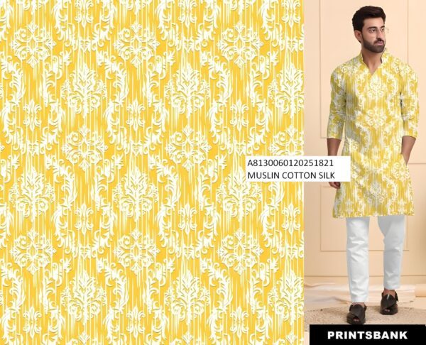 Elevate your Haldi look with our Muslin Cotton Silk Fabric. Perfect for men’s kurtas with digital prints. Explore our wedding collection today!