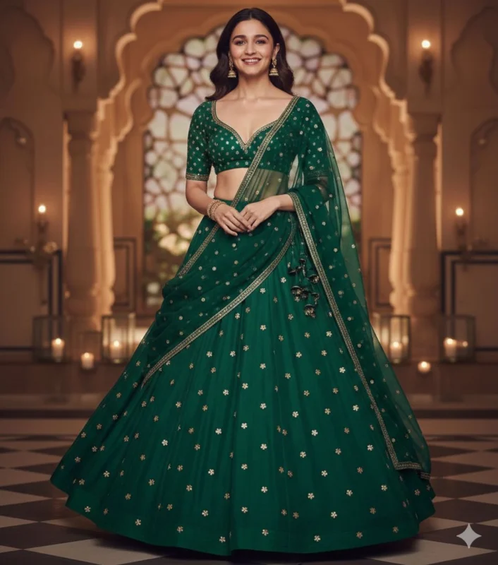 alluring alia bhatt in Blooming vichitra silk fabric with sequins butties lehenga - High-Quality Fabric