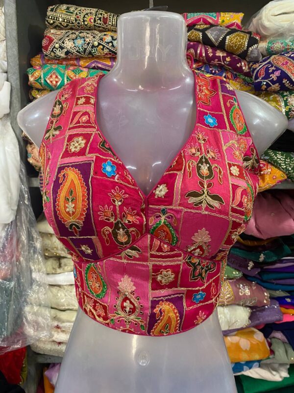 Pure Chinnon Blouse with heavy cording position print, padded, stitched size 38+. Perfect for bridal and wedding collections. ₹950/- Only.