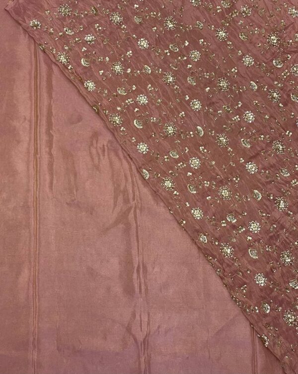 Pure Zari Silk Tissue Fabric with elegant beads work and matching plain fabric. Perfect for gowns, lehengas, and dresses.