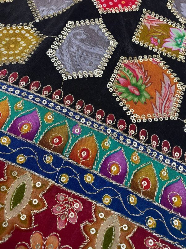 Pure natural crepe fabric with black background and appliqué position embroidery.