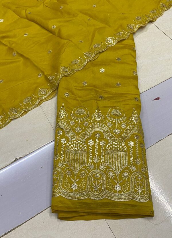 Shop the luxurious Vichitra Silk Embroidery Daman Style Fabric and Dupatta. Perfect for lehengas, blouses, and sararas. Affordable price for exquisite bridal wear.