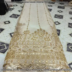 PURE DYEABLE SHIMMER TISSUE SILK FABRIC WITH BEADS WORK DAMAN STYLE WITH CUTWORK AT THE BOTTOM