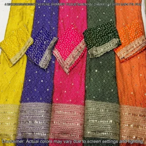 "Discover our luxurious Shimmer Tissue Silk Fabric with Bandhani Print, featuring sequins zari daman work and a matching dupatta. Perfect for elegant ensembles."


