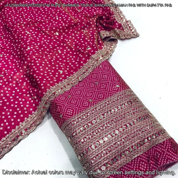 "Discover our luxurious Shimmer Tissue Silk Fabric with Bandhani Print, featuring sequins zari daman work and a matching dupatta. Perfect for elegant ensembles."