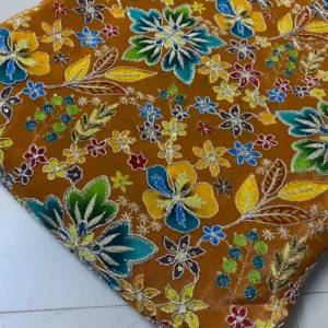 Bronze gold pure natural crepe with position embroidery on print sale - High-Quality Fabric