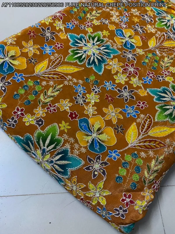 Bronze gold pure natural crepe with position embroidery on print sale - High-Quality Fabric