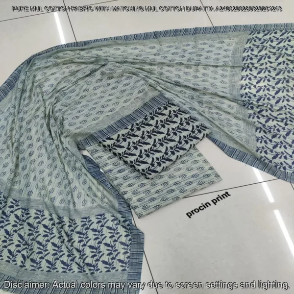 Pure Mul Cotton Hand Block Prints Fabric Top Bottom Dupatta
