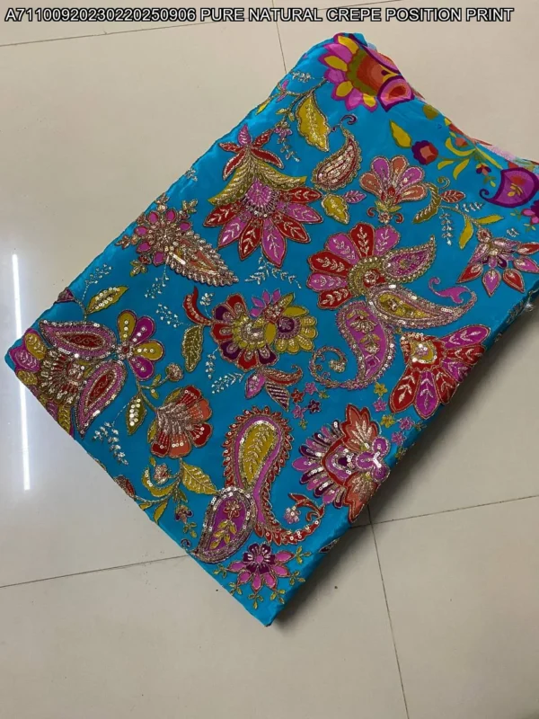 Violate colour pure natural crepe with position emboridery on print sale - High-Quality Fabric
