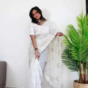 White Organza Party Wear Saree with Embroidery – Shop Now
