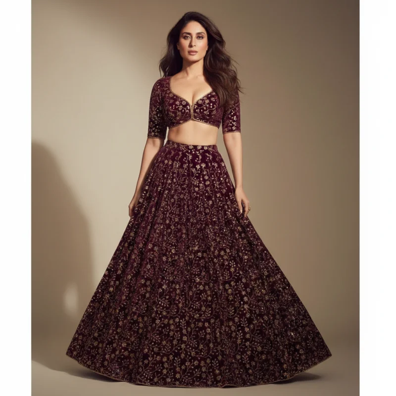 sexy kareena kapoor in lehenga cholid made from Micro 9000 velvet with zari sequin jaal embroidery - High-Quality Fabric