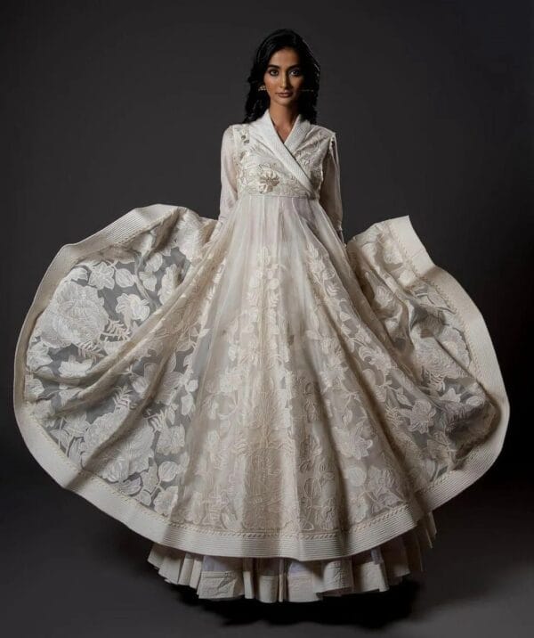 Pooja Hegde Inspired Pure Dyeable Organza with Rainbow Sequins Work Kali Style