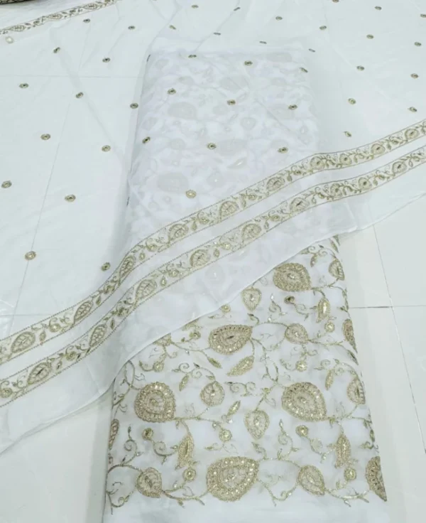 Pure Georgette Dyeble White Moykesh Work Fabric Pre Cut 4.5 Meters FAB242 main image 0