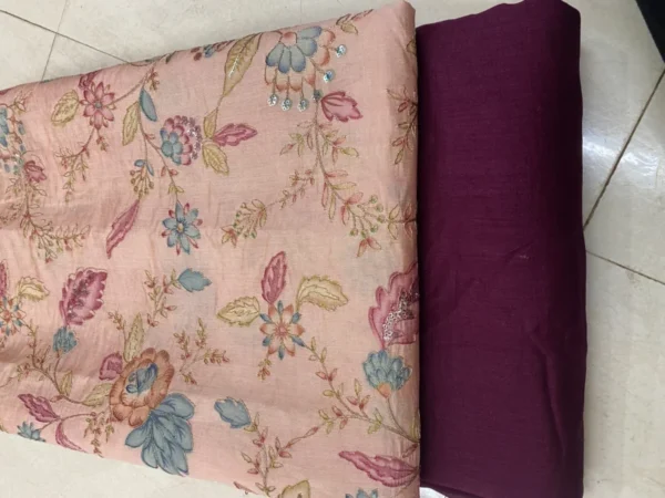 Roman Chanderi Silk Embroidered Fabric with Vichitra Silk Match