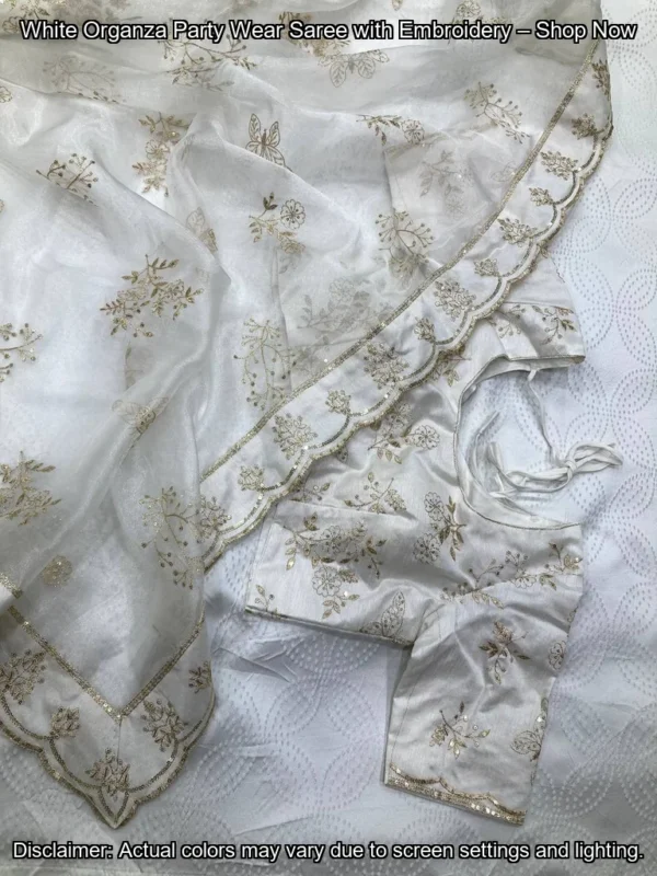 White Organza Party Wear Saree with Embroidery – Shop Now