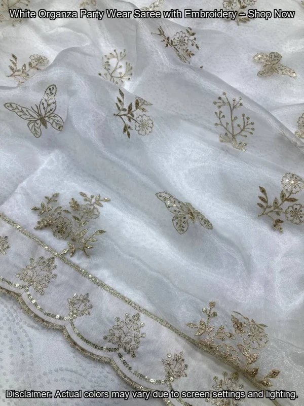White Organza Party Wear Saree with Embroidery – Shop Now