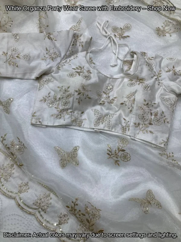 White Organza Party Wear Saree with Embroidery – Shop Now