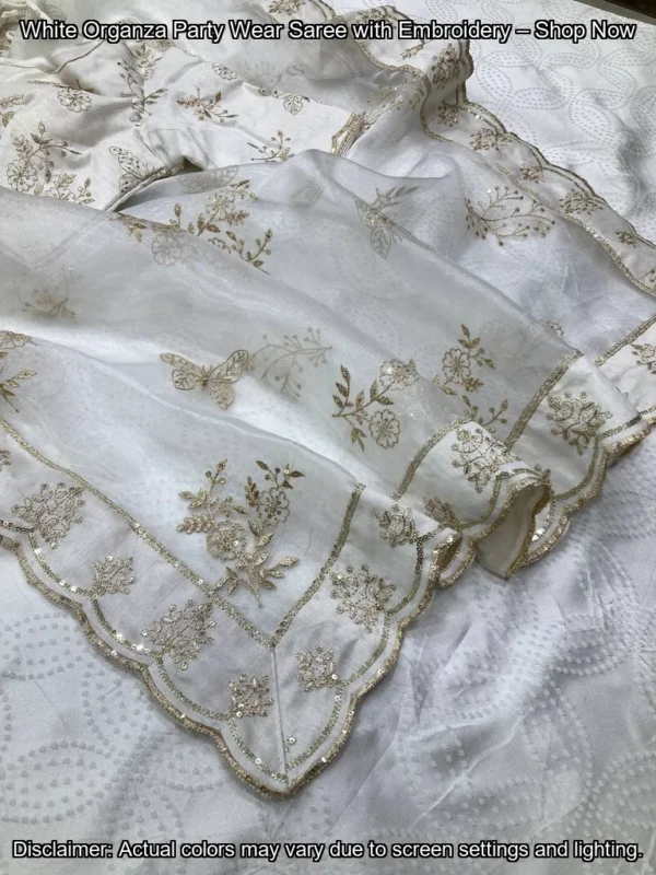 White Organza Party Wear Saree with Embroidery – Shop Now