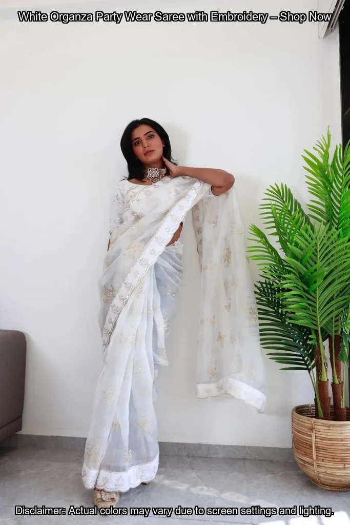 White Organza Party Wear Saree with Embroidery – Shop Now