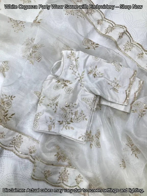 White Organza Party Wear Saree with Embroidery – Shop Now