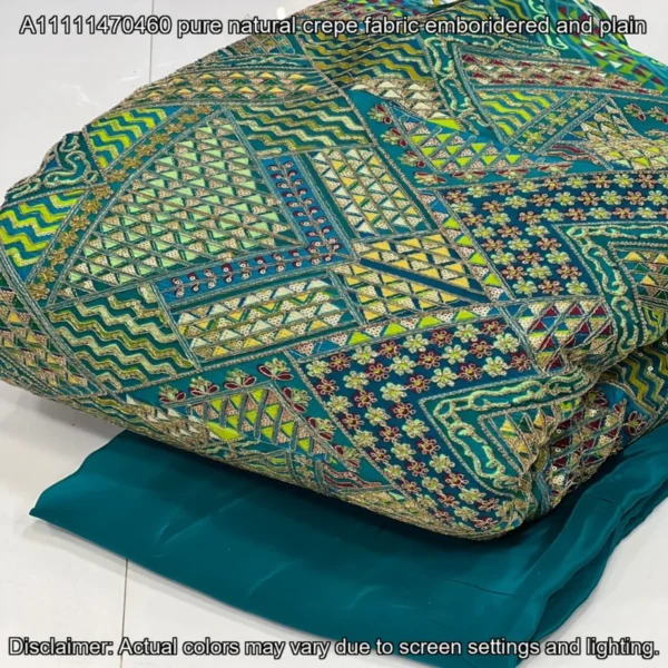 Pure natural crepe fabric with geometric embroidery and plain design for ethnic and modern outfits