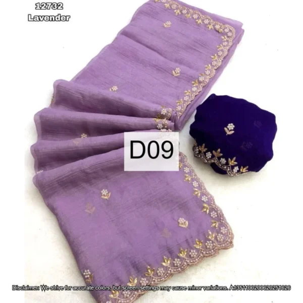 Candy crush silk saree embroidery 038 moti work scalloped border - High-Quality Fabric